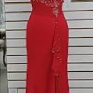 Tiffany Designs Red Embellished Slit Gown